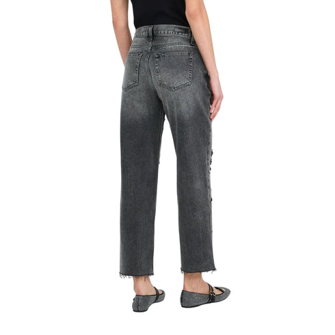 Jeans Donna straight con strass denim grigio modella retro